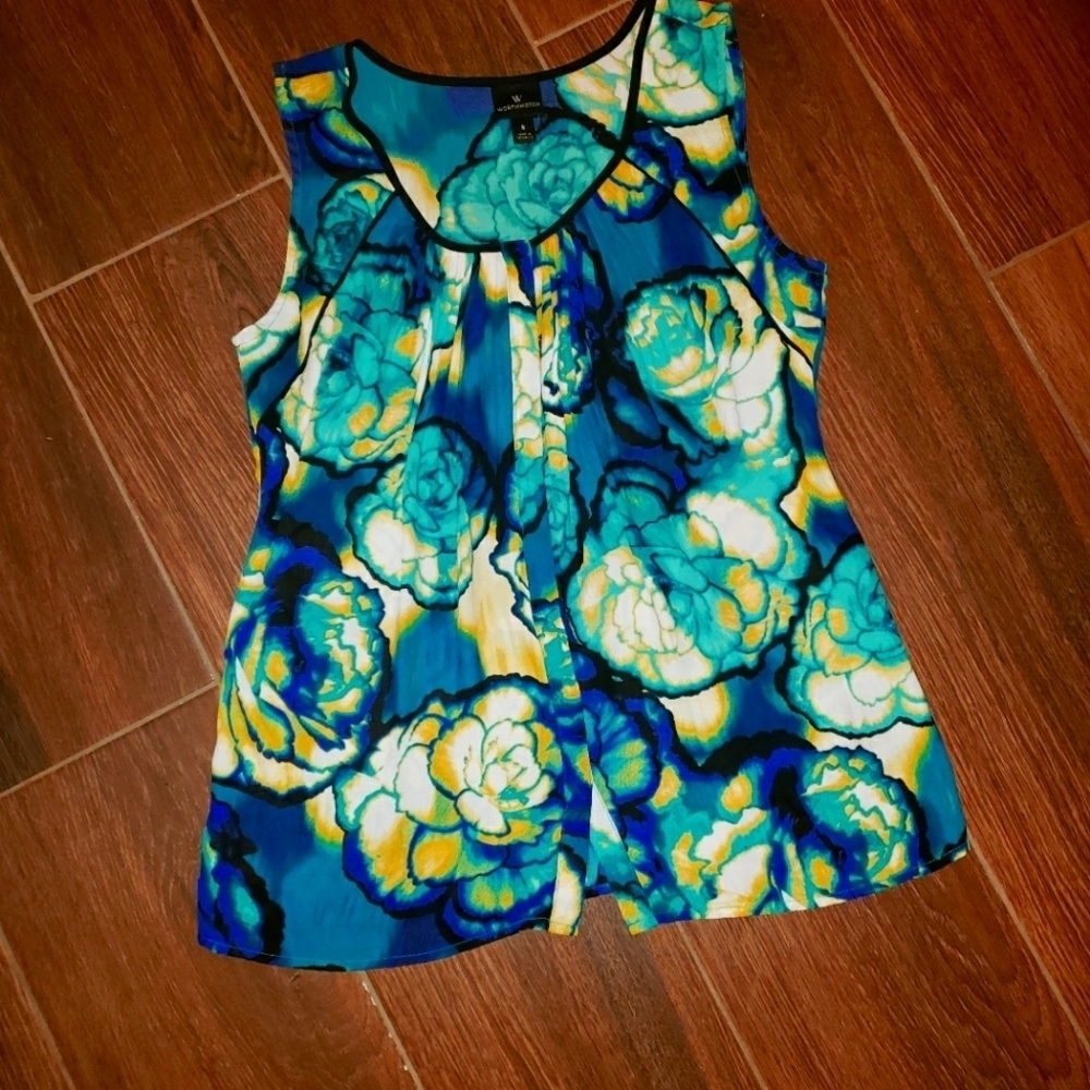 Women's Top Blouse sz Small Teal Blue Abstract